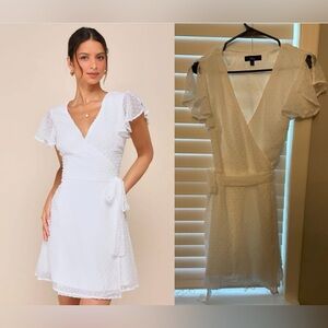 Lulu's Much to Celebrate White Swiss Dot Flutter Sleeve Wrap Mini Dress
